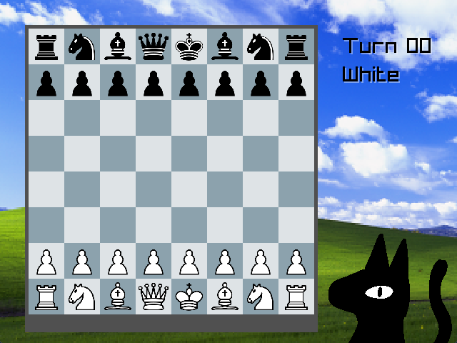 A screenshot of a chess program, with a pixelated sky background. There is a cat in the corner.