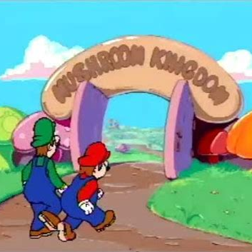 A screenshot from the intro sequence to hotel mario, with mario and luigi walking into a gate labeled Mushroom Kingdom.